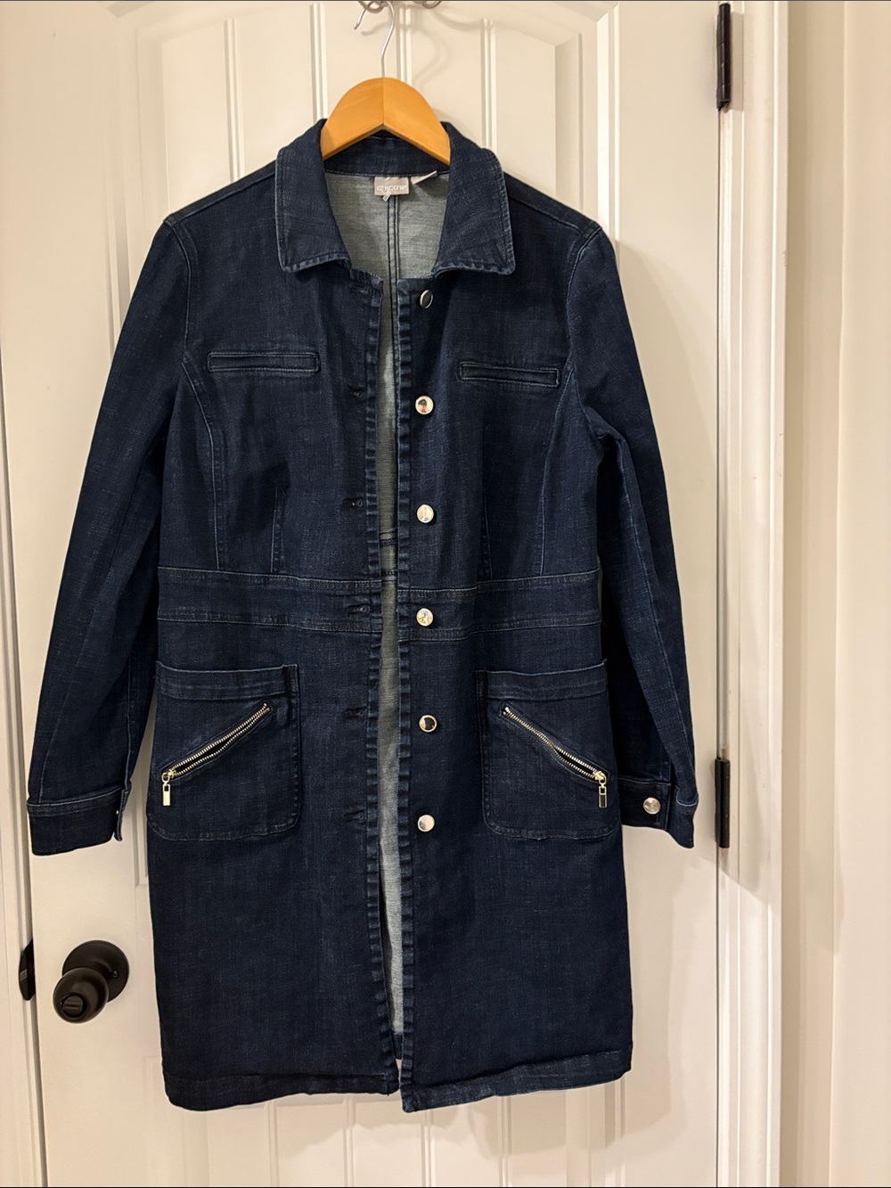Chico's Dark Blue Denim Long Jacket with Zip Pocket Details